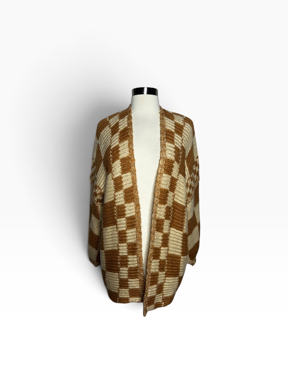 Altar’d State Checkerboard Chunky Knit Cardigan Sweater Camel Cream Size S/M